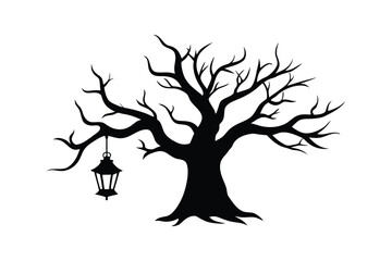 Silhouette vector art illustration of a crooked spooky tree with a hanging lantern.eps
