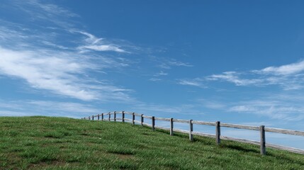 Fototapeta premium Scenic green hill with wooden fence under blue sky and clouds