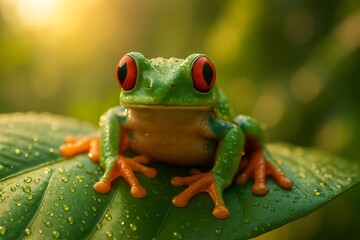 Fototapeta premium Red eyed tree frog resting on wet leaf in rainforest