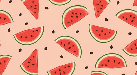 A repeating pattern of watermelon slices on a pale pink background.