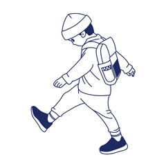 School boy Walking to School – Outline Vector Illustration