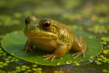 Obraz premium Green frog resting on water lily pad in pond