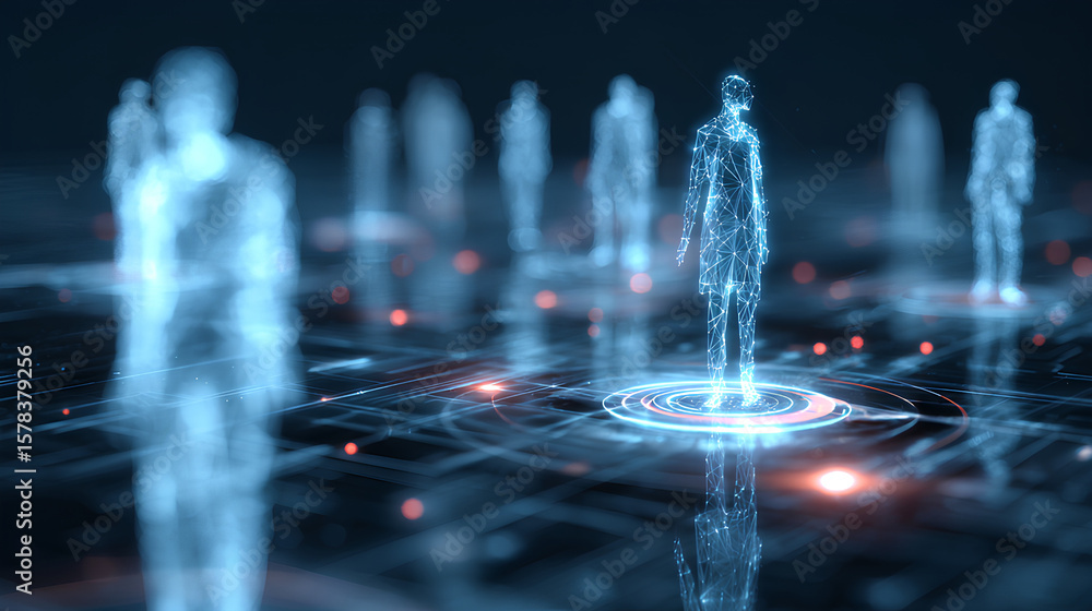 Poster an ai agent hologram symbolizing agentic autonomy for collaboration with the human workforce using a