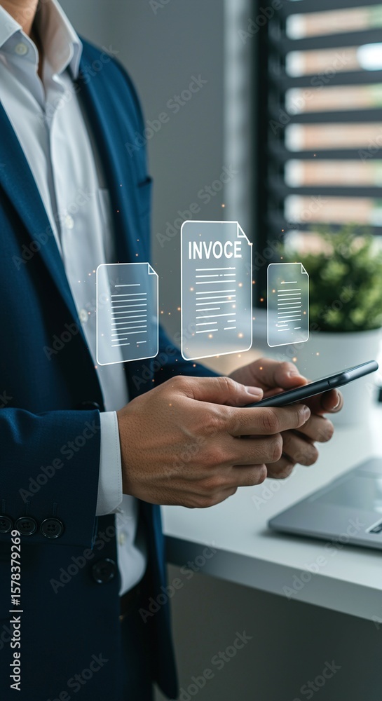 Poster a person in a suit holding a smartphone with invoice document icons floating around the device scree