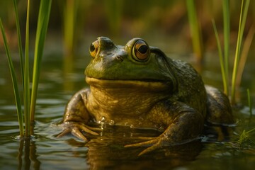 Obraz premium Large green frog resting in swamp water near reeds