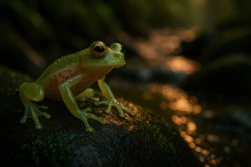 Naklejka premium Glass frog resting on a rock by a river in the rainforest