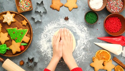 Christmas Baking Flat Lay: Hands Kneading Dough for Festive Gingerbread Cookies with Spices, Sprinkles & Decorations on Grey Table