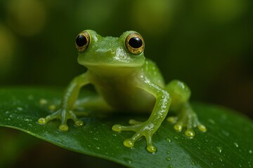 Obraz premium Green frog sitting on wet leaf in rainforest