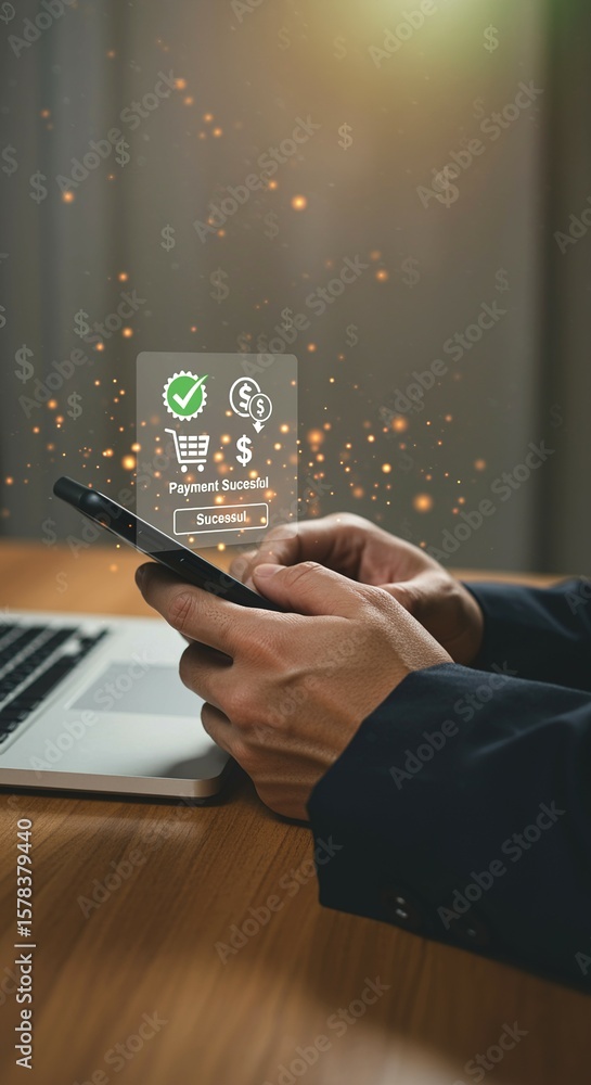 Poster a person using a smartphone with payment successful notification and laptop on a wooden table