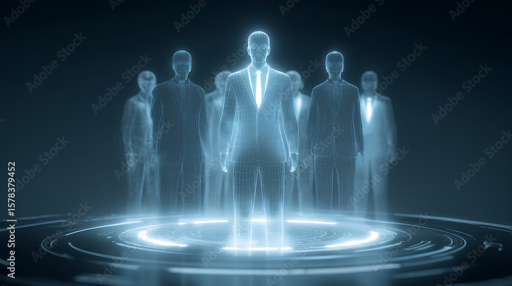Poster an ai agent hologram symbolizing agentic autonomy for collaboration with the human workforce using a