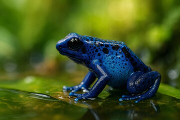 Obraz premium Blue poison dart frog resting on a leaf in the rainforest