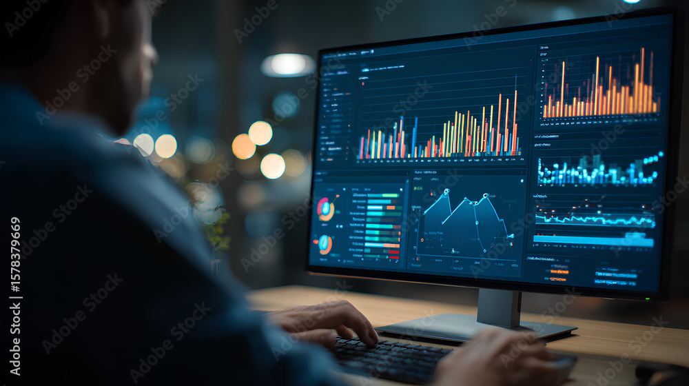 Poster an analyst uses a computer and dashboard for data business analysis and data management system, cust