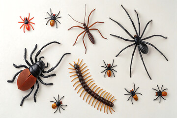 Overhead view of a collection of various toy insects including spiders and a centipede arranged on white background