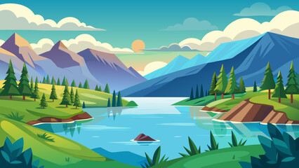 Serene mountain lake landscape with green hills and pine trees at sunset