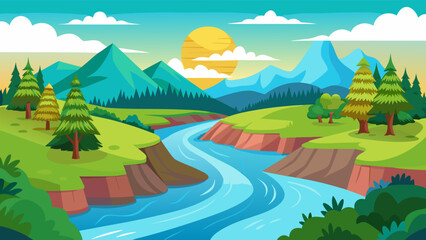 Obraz premium Vibrant cartoon landscape with a winding river and majestic mountains at sunrise