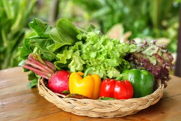 Fresh organic vegetables including radish,sweet pepper and green Lettuce in weave basket on table.Fresh harvested pesticide and GMO free vegetables good for health and environment.