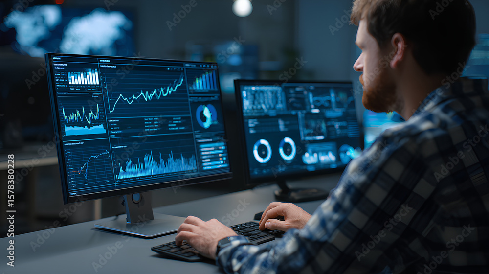 Poster an analyst uses a computer and dashboard for data business analysis and data management system, cust