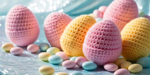 Close Up of Easter Eggs and Candy Dragees

