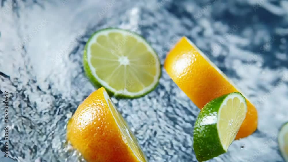 Poster sliced oranges and limes splashing into refreshing water