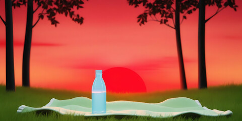 Cartoon Sunset Picnic with Blue Bottle and Blanket

