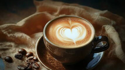 Hot cappuccino with latte art and coffee beans on warm colored cloth