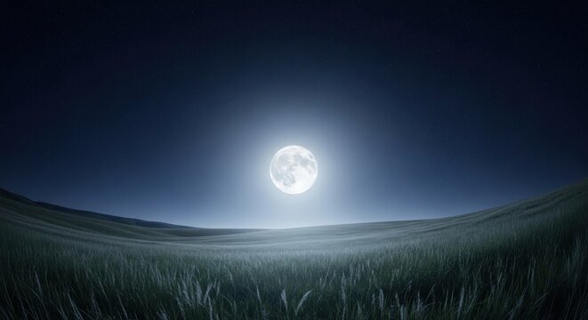 Full moon shining brightly in the starry night sky over a vast grassy field