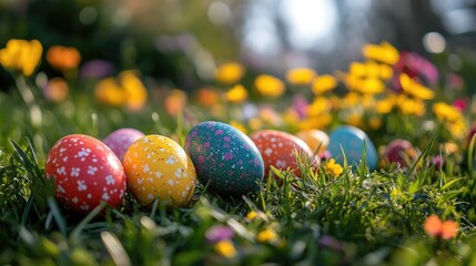 Vibrant Easter egg hunt amidst a blooming garden of colorful flowers.