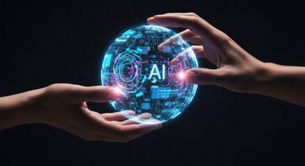 Two hands holding a glowing sphere with artificial intelligence symbols and digital data in space