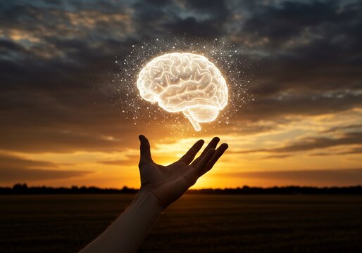 Glowing Brain Above Hand Against Dramatic Sunset Sky, Representing Intelligence and Connectivity