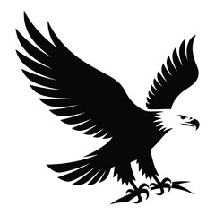 Obraz premium Eagle Silhouette Illustration in Flight with Spread Wings and Talons Gripping Branch over Mountain Line Background, Graphic Bold Design with Clean Contrast