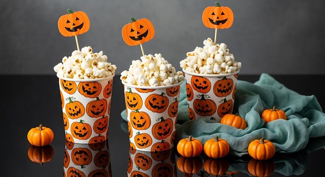 Three festive halloween popcorn cups decorated with jack o lanterns and mini pumpkins