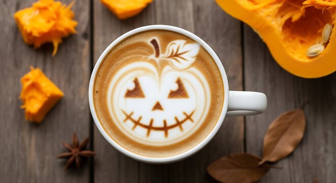 Cozy autumn coffee with a festive pumpkin latte art design on a wooden table