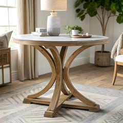 Round dining table, farmhouse table, rustic furniture, modern rustic, wooden table, pedestal base, curved legs, casual dining, small dining table, kitchen table, living room furniture, home decor, int