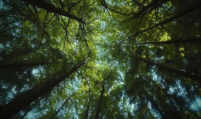 Obraz premium Whispers of the Emerald Canopy Nature’s Roof Touching the Sky A Peaceful Glimpse Through the Trees Tranquil Forest View from Below