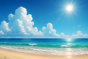 Fototapeta premium Sunny beach ocean waves blue sky sand