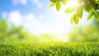 Obraz premium Fresh green grass with bright sunlight and leaves under blue sky in spring