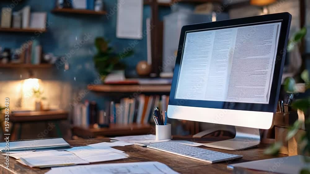 Poster modern home office showing studying and working environment with computer showing documents