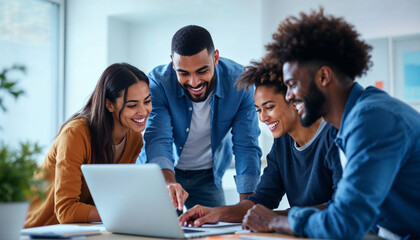 Ideal for business and teamwork concepts, showing coworkers happily working together in a modern office setting. Great for presentations and websites.