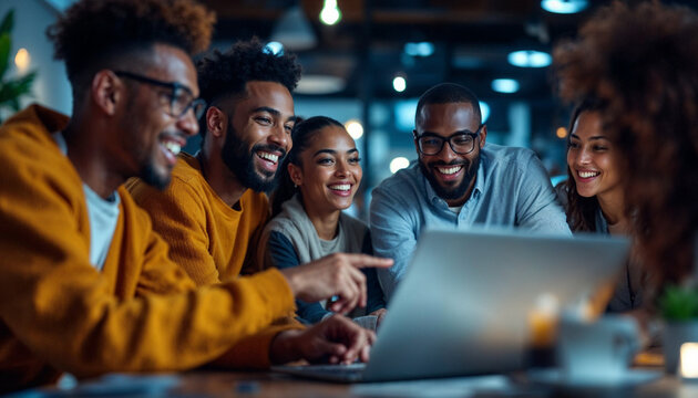 Happy colleagues collaborating on a laptop in a late night office meeting. Perfect for team projects, brainstorming sessions, coworking spaces.