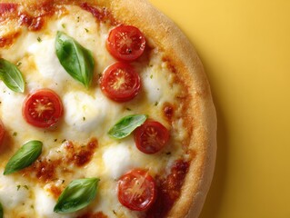 Pizza with tomatoes basil and mozzarella cheese is a delicious Italian dish perfect for food photography and recipe inspiration