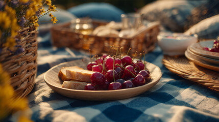 여름 소풍, 체크무늬 돗자리 위 신선한 체리와 빵 한 조각