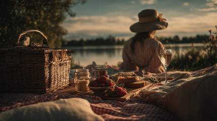 여름 정원에서 피크닉을 즐기는 밀짚모자를 쓴 아름다운 여인