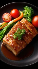 Pork belly dish with vegetables showcases food presentation and culinary arts for a healthy lifestyle