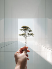 Small tree held in a hand A hand holding a flower in soft light Fresh plant held in hand
