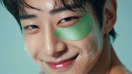 Male Grooming: Man with Two Green Glitter Hydrogel Eye Patches