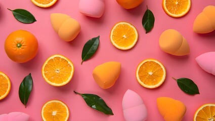 Obraz premium Flat lay of oranges and makeup sponges on pink background for beauty and lifestyle blog