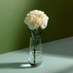 Single White Carnation in a Glass Vase with Modern Lighting 모던한 조명 아래 유리 화병에 담긴 흰색 카네이션 한 송이