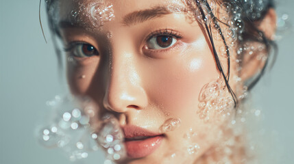 Serene Asian Woman's Face Surrounded by Skincare Bubbles