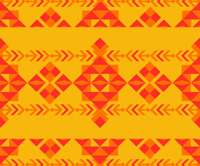 Yellow Orange Ethnic Seamless Pattern - Geometric Motif.  A bold ethnic seamless pattern with large diamond and arrow motifs in warm yellow and orange tones. Ideal for tribal-themed projects.
