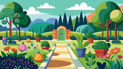 Whimsical cartoon garden with a brick archway leading to a green door